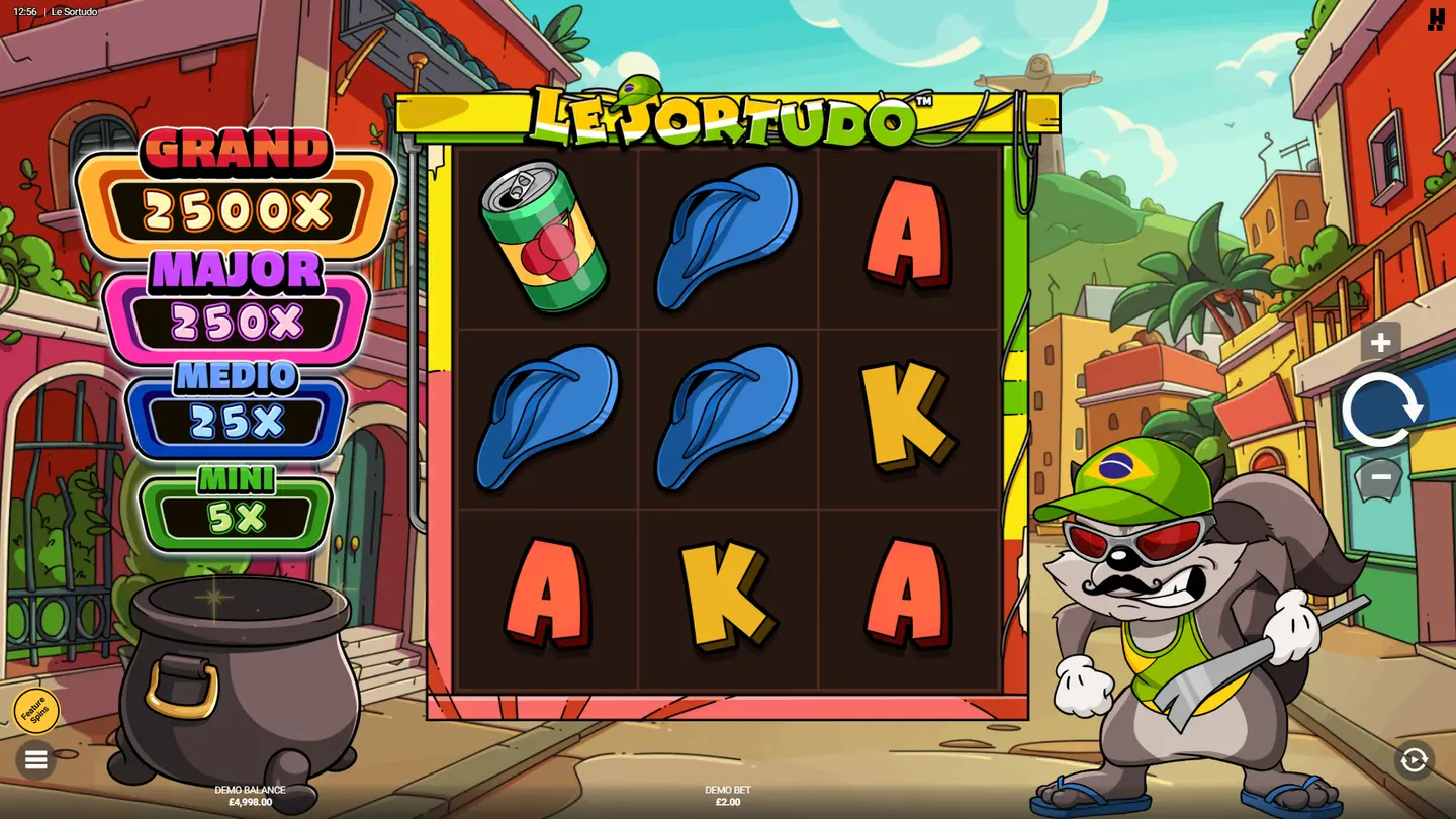 Full Le Sortudo grid showing soda can and beer mug symbols with Jackpot Signs beside the reels