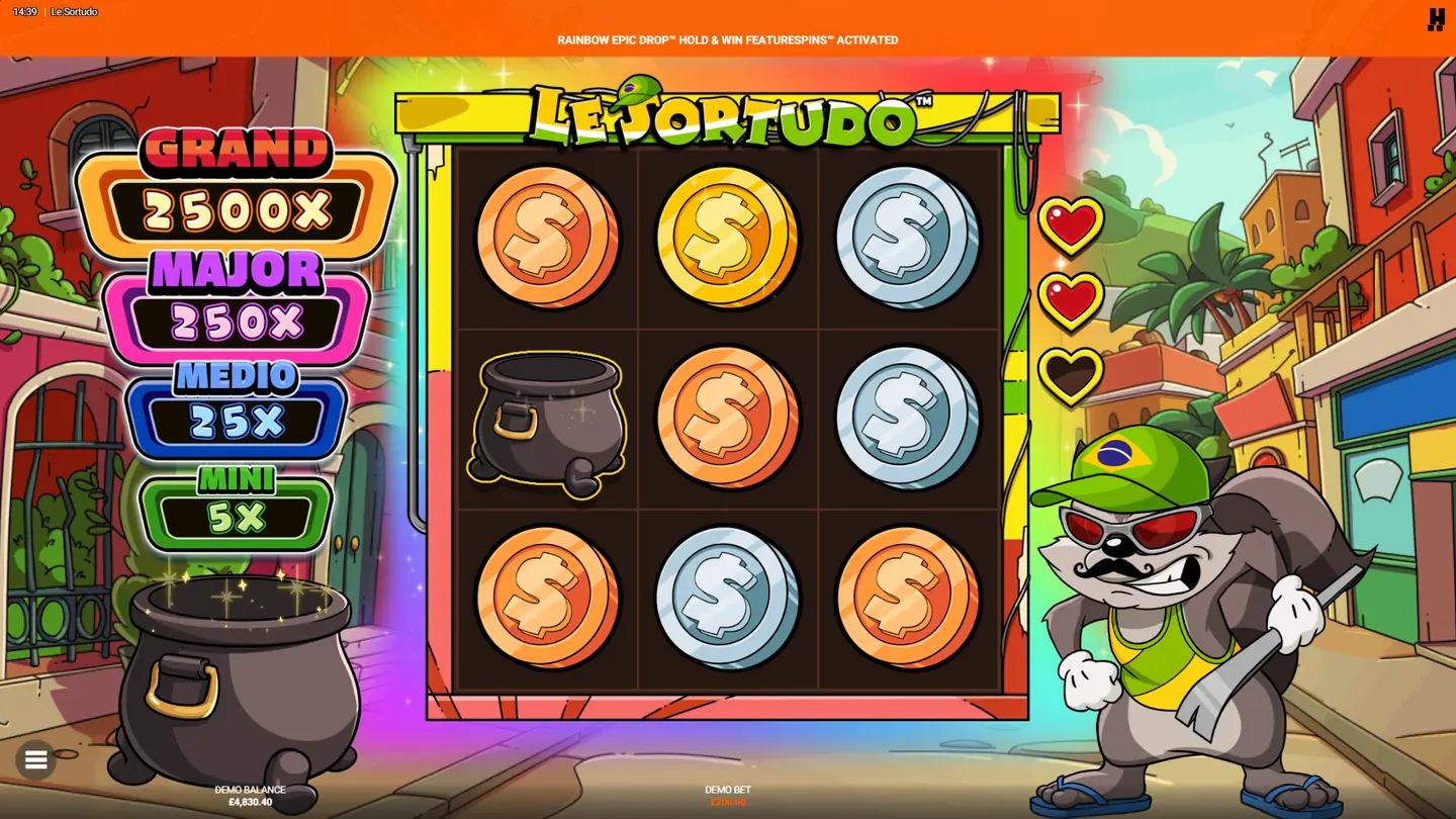 Rainbow Epic Drop Hold and Win grid filled with Coin, Clover and Jackpot Marker symbols from the first spin